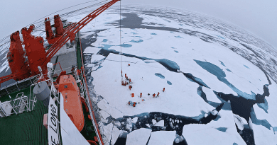 Drift ice camp in the middle of the Arctic Ocean as seen from the deck of China's icebreaker Xue Long. Photo Credit: Timo Palo, Wikipedia Commons