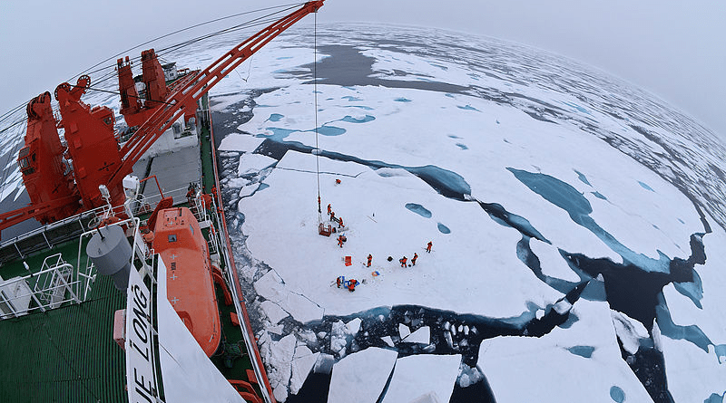 Drift ice camp in the middle of the Arctic Ocean as seen from the deck of China's icebreaker Xue Long. Photo Credit: Timo Palo, Wikipedia Commons