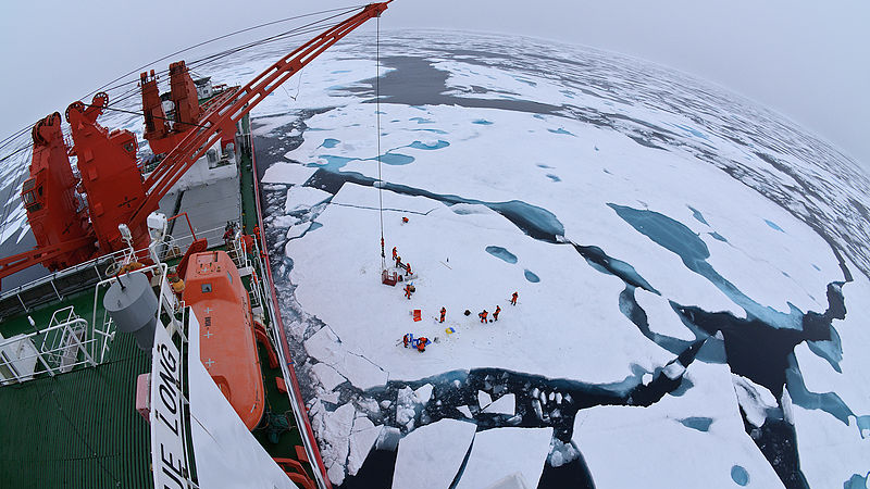 Drift ice camp in the middle of the Arctic Ocean as seen from the deck of China's icebreaker Xue Long. Photo Credit: Timo Palo, Wikipedia Commons