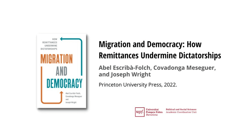 Book cover - Migration and Democracy: How Remittances Undermine Dictatorships CREDIT: UPF