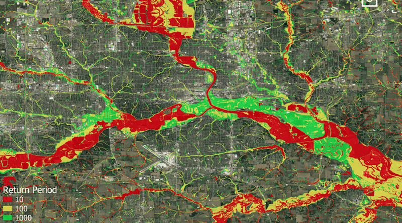 The extents of simulated design floods with a return period of 10, 100, and 1000 years in Des Moines, IA. CREDIT: Fathom (www.fathom.global)