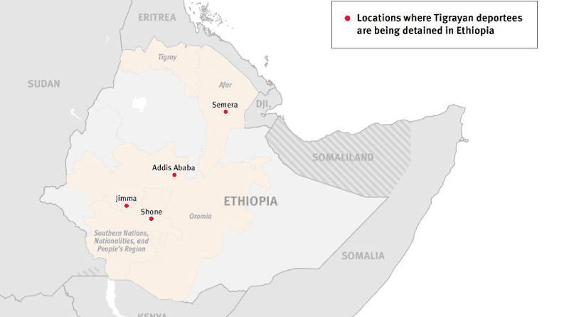 Map showing the different locations where Tigrayan deportees are being detained in Ethiopia. Graphic: © 2021 Human Rights Watch