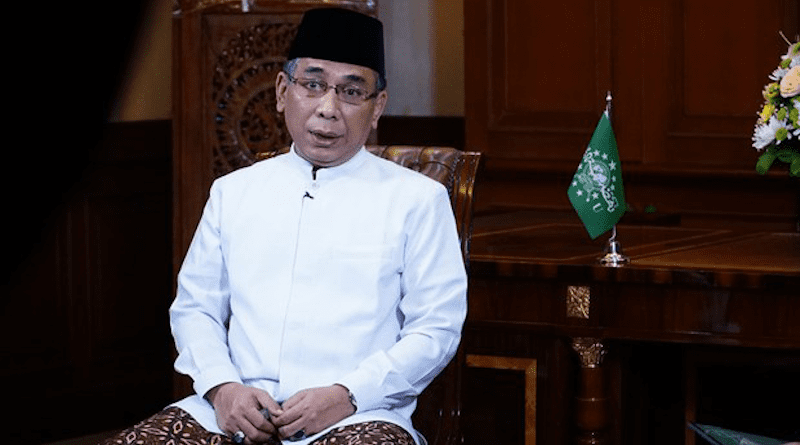 Yahya Cholil Staquf, the new chairman of Nahdlatul Ulama, Indonesia’s largest Muslim organization, speaks during an interview with a TV station in Jakarta, Dec. 30, 2021. Handout photo from Nahdlatul Ulama