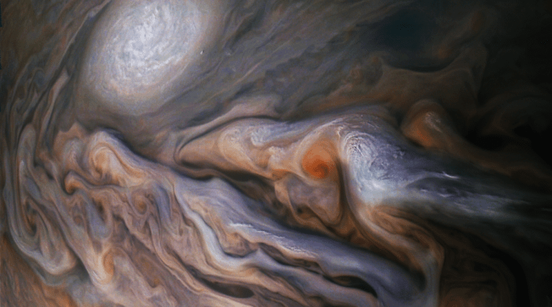 A multitude of swirling clouds in Jupiter's dynamic North North Temperate Belt is captured in this image from NASA's Juno spacecraft. Appearing in the scene are several bright-white “pop-up” clouds as well as an anticyclonic storm, known as a white oval. This color-enhanced image was taken at 4:58 p.m. EDT on Oct. 29, 2018, as the spacecraft performed its 16th close flyby of Jupiter. CREDIT: Enhanced image by Gerald Eichstädt and Sean Doran (CC BY-NC-SA) based on images provided courtesy of NASA/JPL-Caltech/SwRI/MSSS