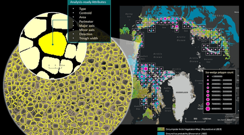 Progress of automated ice-wedge polygon prediction from sub-meter resolution commercial satellite imagery. So far, researchers have mapped more than 1 billion individual-ice wedge polygons across the Arctic tundra. In addition to polygon outline, each detected ice-wedge polygon comes with a suite of analysis-ready attributes, such as ice-wedge polygon type, size, length, and width. CREDIT: Chandi Witharana, University of Connecticut