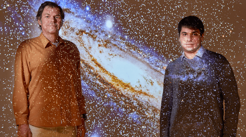 Prof. Dr. Pavel Kroupa (left) and Moritz Haslbauer (right) with a projection of the Andromeda galaxy. CREDIT Photo: Volker Lannert/University of Bonn