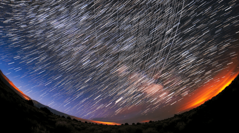 Starlink Satellites pass overhead near Carson National Forest, New Mexico, photographed soon after launch. Credit: M. Lewinsky
