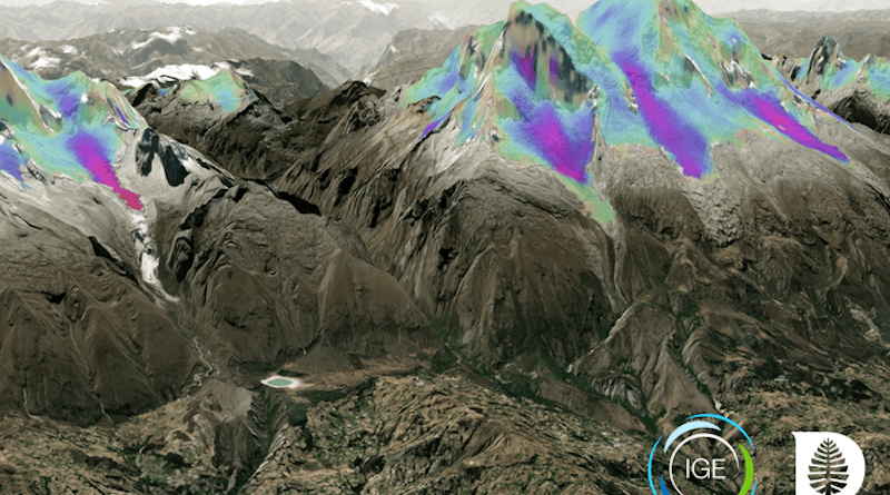 Using data on glacier velocity, South America’s tropical Andes mountains were found to have up to 23% less ice and freshwater availability. Darker colors overlayed here on Peru’s Cordillera Blanca range, signify faster glacial speed. Credit: IGE-CNRS ©Mapbox ©OpenStreetMap ©Maxar