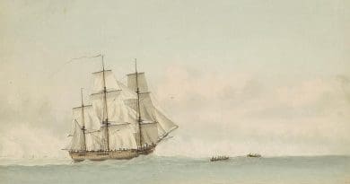 HMS Endeavour off the coast of New Holland by Samuel Atkins c. 1794, Wikipedia Commons