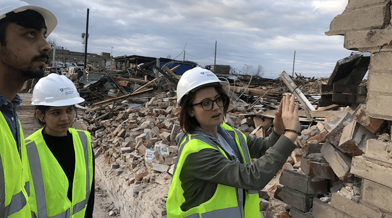 Rakeh Saleem and Saanchi Kaushal, both architectural engineering doctoral students, and Rebecca Napolitano, assistant professor of architectural engineering, evaluate the damage of buildings in the aftermath of the tornadoes. CREDIT: Mariantonieta Gutierrez Soto, Penn State