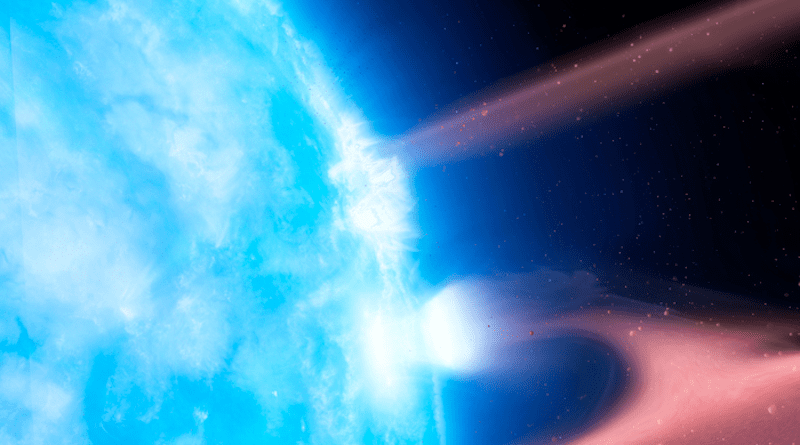 Artist’s impression of a white dwarf, G29—38, accreting planetary material from a circumstellar debris disk. When the planetary material hits the white dwarf surface, a plasma is formed and cools via detectable X-ray emission. CREDIT: University of Warwick/Mark Garlick