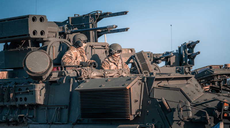 Soldiers, assigned to 5th Battalion, 4th Air Defense Artillery Regiment, move out in their maneuver short-range air-defense vehicle during Exercise Saber Strike 22 at BPTA, Poland, Feb. 24, 2022. Photo Credit: Army Maj. Robert Fellingham