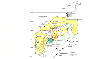 Figure 1: Tectonic map of the area around the Bungo ChannelThe Philippine Sea plate is subducting in a north-westerly direction beneath the Amurian plate. Red dots represent the GNSS stations used in the analysis. The red line is a horizontal projection of the analyzed area. The large blue circle indicates the general location where Bungo Channel L-SSE occurred.