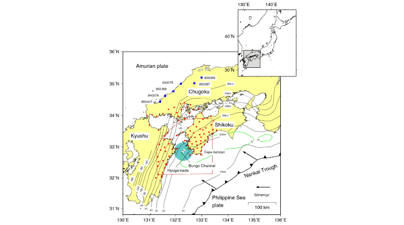 Figure 1: Tectonic map of the area around the Bungo ChannelThe Philippine Sea plate is subducting in a north-westerly direction beneath the Amurian plate. Red dots represent the GNSS stations used in the analysis. The red line is a horizontal projection of the analyzed area. The large blue circle indicates the general location where Bungo Channel L-SSE occurred.