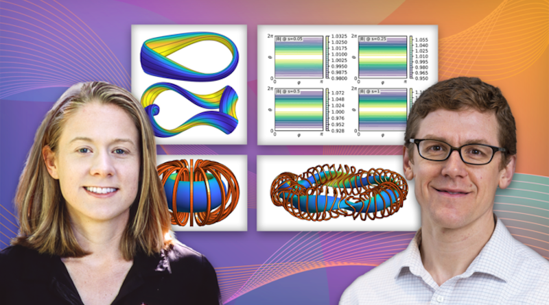 Physicist Emily Paul and Matt Landreman with illustrative figures behind them. CREDIT: Arthur Lin for Paul photo, Faye Levine for Landreman photo; top left and right figures from PRL paper; bottom computer-generated visualizations of a tokamak, left, and a stellarator, right by Paul and Landreman. Collage by Kiran Sudarsanan.Physicist Emily Paul and Matt Landreman with illustrative figures behind them. CREDIT: Arthur Lin for Paul photo, Faye Levine for Landreman photo; top left and right figures from PRL paper; bottom computer-generated visualizations of a tokamak, left, and a stellarator, right by Paul and Landreman. Collage by Kiran Sudarsanan.