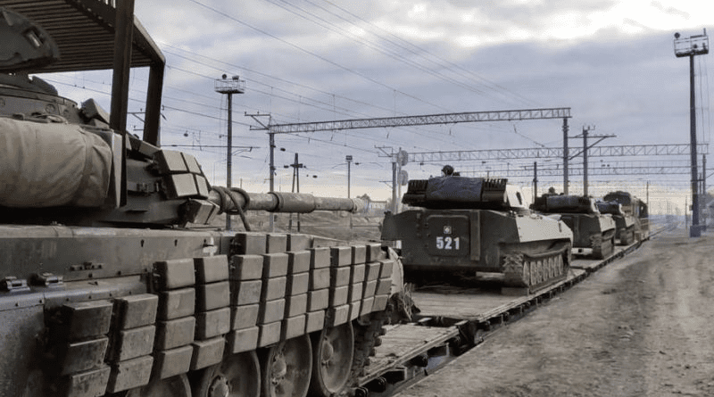 A handout still image taken from handout video made available by the Russian Defence Ministry press service shows Russian armoured fighting vehicles load on the railway freight carriages in Bakhchysarai, Crimea, 15 February 2022. Units of the Western and Southern military districts on 15 February 2022 began returning from exercises to their bases by rail and road, the Russian Defense Ministry said on 15 February 2022. RUSSIAN DEFENCE MINISTRY PRESS SERVICE HANDOUT HANDOUT