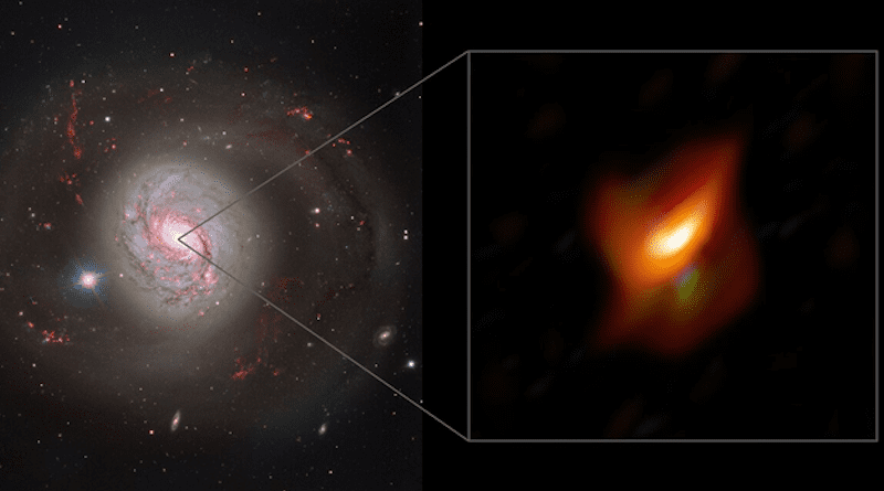 The left panel of this image shows a dazzling view of the active galaxy Messier 77 captured with the FOcal Reducer and low dispersion Spectrograph 2 (FORS2) instrument on ESO’s Very Large Telescope. The right panel shows a blow-up view of the very inner region of this galaxy, its active galactic nucleus, as seen with the MATISSE instrument on ESO’s Very Large Telescope Interferometer. CREDIT: ESO/Jaffe, Gámez-Rosas et al.