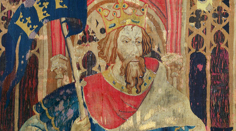 King Arthur as one of the Nine Worthies, detail from the "Christian Heroes Tapestry" in The Cloisters, New York. Dated c. 1385. "Arthur among the Nine Worthies is always identified by three crowns, which signify regality, on his standard, his shield, or his robe." -- Geoffrey Ashe, The Quest for Arthur's Britain [Praeger, 1969]. Credit: Wikipedia Commons