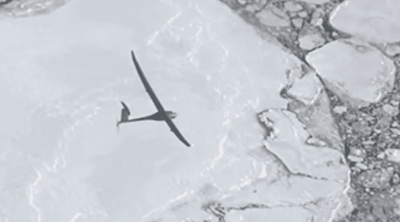 Vanilla flying over sea ice off Alaska’s North Slope in November 2021. Airborne campaigns to the polar regions often fly straight tracks, limited by the need to refuel in between flights. Drones like Vanilla have different needs, and can offer a niche in Earth observations that scientists have traditionally struggled to explore with boots on the ground or instruments already in the air and space. CREDIT: Platform Aerospace.
