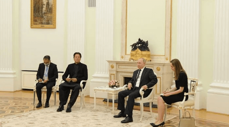 Pakistan's Prime Minister Imran Khan (left) and Russian President Vladimir Putin meet in Moscow. Photo Credit: Twitter