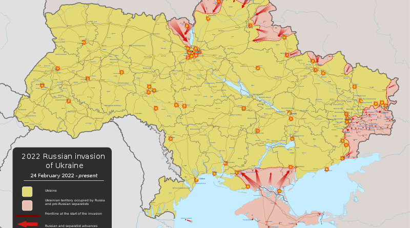 2022 Russian invasion of Ukraine: Military situation as of 25 February 2022. Credit: Wikipedia Commons