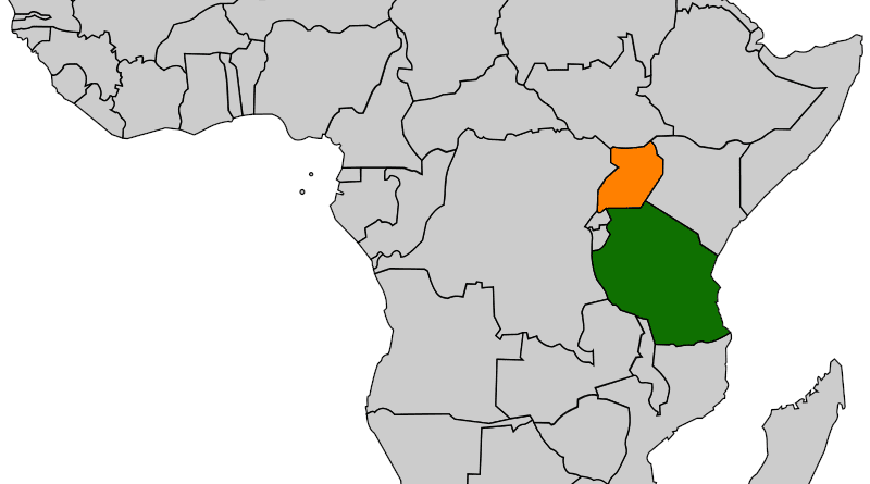 Map indicating locations of Tanzania (green) and Uganda in Africa. Credit: Wikipedia Commons