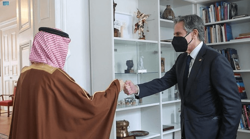 Saudi Arabia’s Foreign Minister Prince Faisal bin Farhan meets with his US counterpart Antony Blinken. (SPA)
