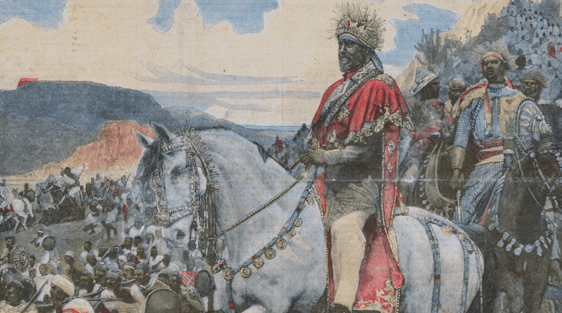 Ethiopia's Emperor Menelik II observes the battle of Adwa against the Italian invasion army in 1896. Le Petit Journal, 1898, Wikipedia Commons.