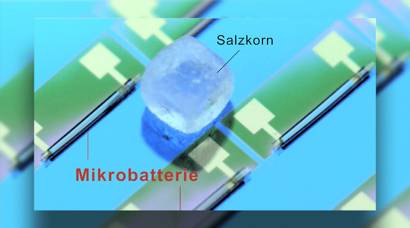 The world's smallest battery is smaller than a grain of salt and can be produced in large quantities on a wafer surface. Illustration: TU Chemnitz/Leibniz IFW Dresde