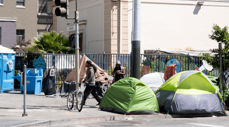 Homeless encampment in San Francisco. Photo Credit: Christopher Michel, Wikipedia Commons, photo cropped