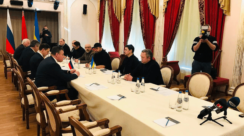 Members of delegations from Ukraine and Russia meet on Ukrainian-Belarusian border. Photo Credit: Belarus Foreign Ministry