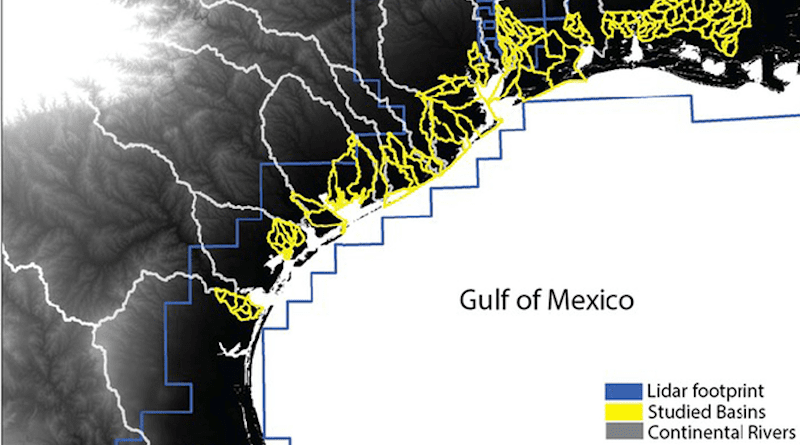 A map of the Texas and Louisiana coastline from the study showing channel basins (yellow), rivers (grey), and the outline of the study area (blue). The basins direct water into channels that flow inside their boundaries. CREDIT: Swartz et al.