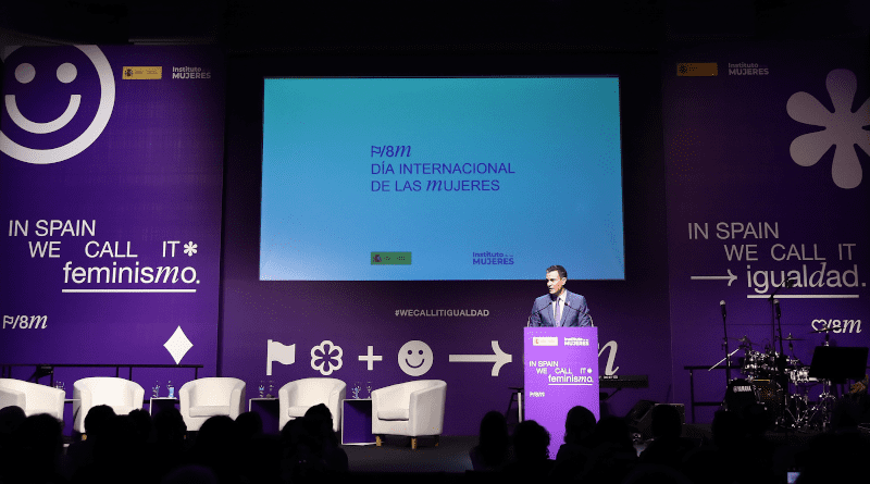 Spain's Prime Minister Pedro Sánchez speaking at commemorative event for International Women's Day, organized by the Ministry of Equality. Photo Credit: Pool Moncloa / Fernando Calvo