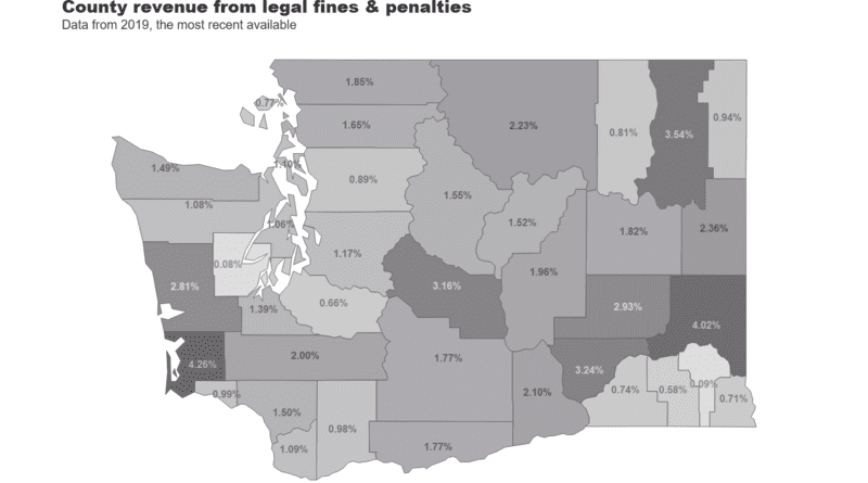 This map shows the revenue from court-imposed fines and fees in each of Washington's 39 counties. CREDIT: Rebecca Gourley/University of Washington