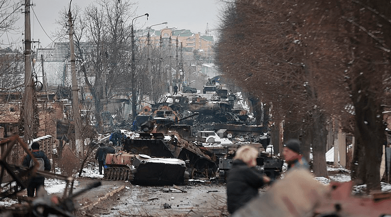 Russian military vehicles destroyed on a road in Bucha, Kyiv Oblast, Ukraine. Photo Credit: Mvs.gov.ua