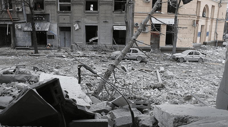 A downtown street in Kharkiv, Ukraine after Russian bombardment. Photo Credit: Mvs.gov.ua, Wikipedia Commons