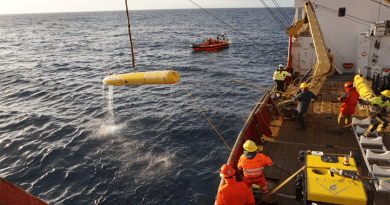 MBARI’s autonomous underwater vehicle (AUV) is recovered after completing a successful seafloor mapping mission in the Arctic Ocean. The remotely operated vehicle (ROV, foreground) is used to conduct visual surveys of the newly mapped seafloor. Image: Charlie Paull © 2016 MBARI CREDIT: Charlie Paull © 2016 MBARI