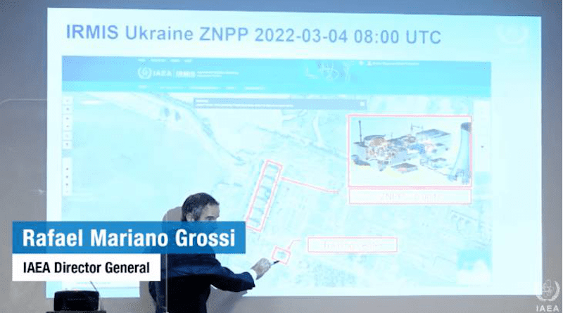 The location of the building which was hit, is highlighted. For scale, the length of the area of the red box marking the power units is about 1km (Image: Screengrab from IAEA media conference)