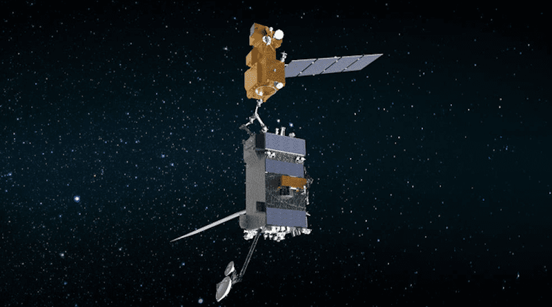 Illustration of OSAM-1 (bottom) grappling Landsat 7. CREDIT: NASA