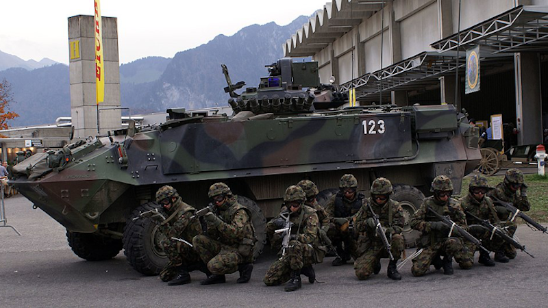 Swiss infantry squad and Mowag Piranha during presentation. Photo Credit: TheBernFiles, Wikimedia Commons