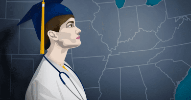 A recent report from West Virginia University economists identified six ways to address the healthcare shortage exacerbated by the COVID-19 pandemic, with one of those alternatives being changing the pathways to medical education in the U.S. CREDIT: WVU Illustration/Aira Burkhart