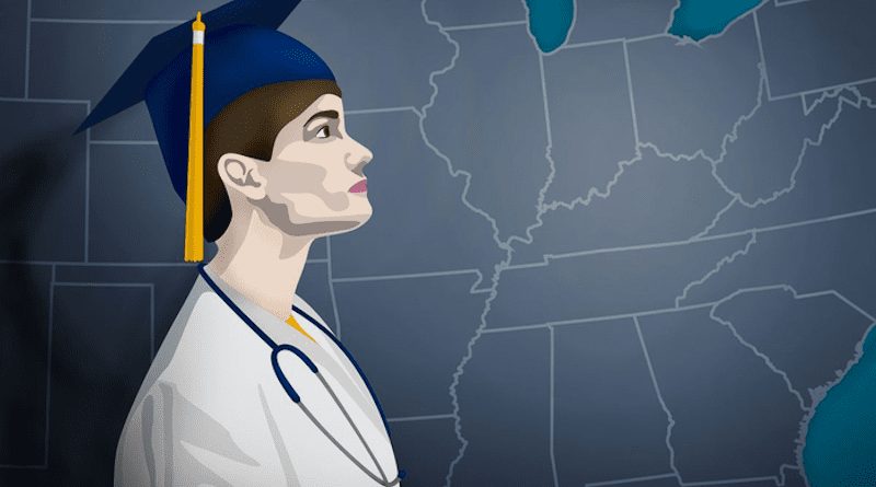 A recent report from West Virginia University economists identified six ways to address the healthcare shortage exacerbated by the COVID-19 pandemic, with one of those alternatives being changing the pathways to medical education in the U.S. CREDIT: WVU Illustration/Aira Burkhart