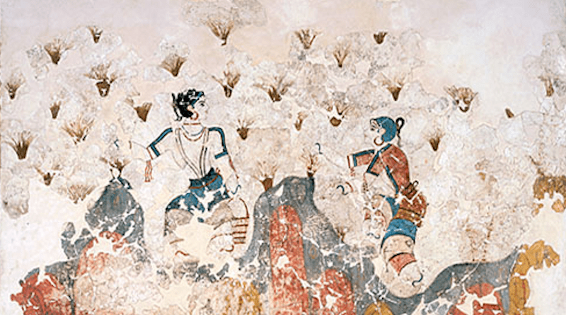 Detail of 16th Century BC fresco of saffron gatherers from the bronze age excavations in Akrotiri on the greek island of Santorini, Greece. Credit: Author unknown, Wikipedia Commons