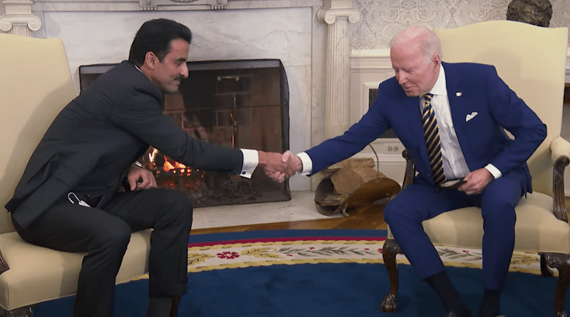 Qatar’s Sheikh Tamim bin Hamad Al Thani shakes hands with US President Joe Biden. Photo Credit: Screenshot of White House video