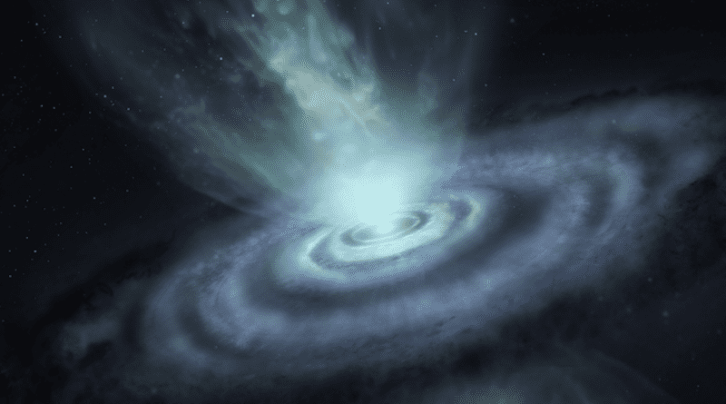 Scientists have observed, for the first time, the mysterious death throes of a carbon-rich asymptotic branch star (AGB). V Hydrae’s final act is characterized by the mass ejection of matter into space, resulting in the slow expansion of six rings and the formation of two hourglass-shaped structures shown here in this artist’s conception. CREDIT: ALMA (ESO/NAOJ/NRAO)/S. Dagnello (NRAO/AUI/NSF)