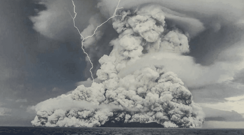 Volcanic lightning split the sky above Hunga Tonga-Hunga Ha’apai during a particularly violent eruption January 15, 2022. CREDIT: Tonga Geological Services