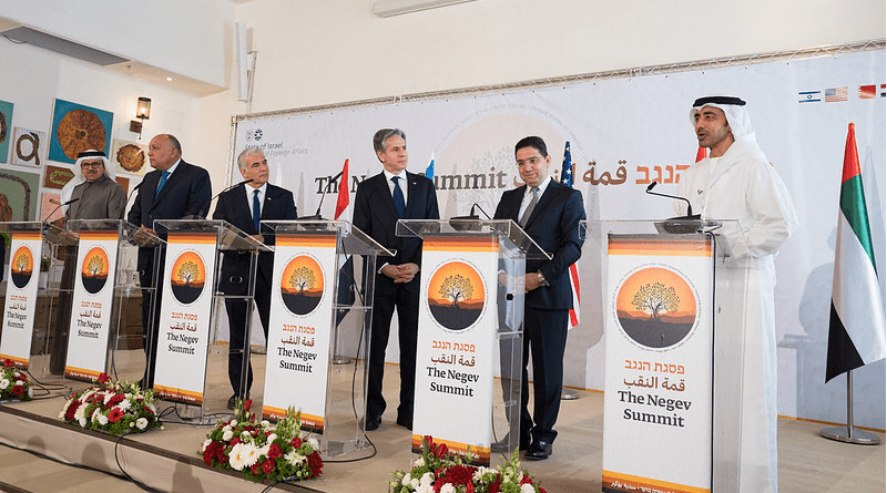 Secretary of State Antony J. Blinken participates in the Negev Summit with Israeli Foreign Minister Yair Lapid, Bahraini Foreign Minister Dr. Abdullatif bin Rashid Al Zayani, Egyptian Foreign Minister Sameh Shoukry, Moroccan Foreign Minister Nasser Bourita, and UAE Foreign Minister Sheikh Abdullah bin Zayed Al Nahyan on March 28, 2022 in Sde Boker, Israel. [State Department Photo by Freddie Everett / Public Domain]