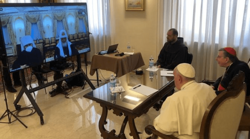 Pope Francis takes part in a video call with Patriarch Kirill on March 16, 2022. | Vatican Media.