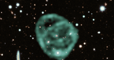 Data from SARAO's MeerKAT radio telescope data (green) showing the odd radio circles, is overlaid on optical and near infra-red data from the Dark Energy Survey. © J. English (U. Manitoba)/EMU/MeerKAT/DES(CTIO) CREDIT: © J. English (U. Manitoba)/EMU/MeerKAT/DES(CTIO)