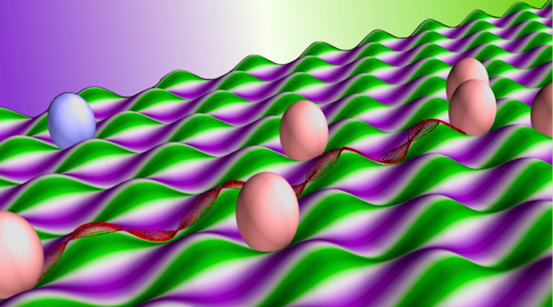 A theory by Rice University researchers suggests growing graphene on a surface that undulates like an egg crate would stress it enough to create a minute electromagnetic field. The phenomenon could be useful for creating 2D electron optics or valleytronics devices. CREDIT: Illustration by Henry Yu/Rice University